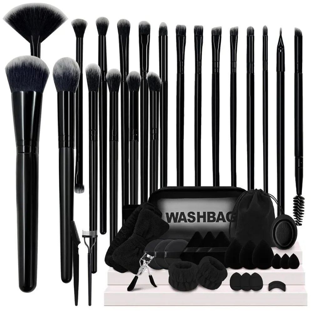 48Pieces Black Professional Premium Synthetic Make up Brushes With Makeup Sponge